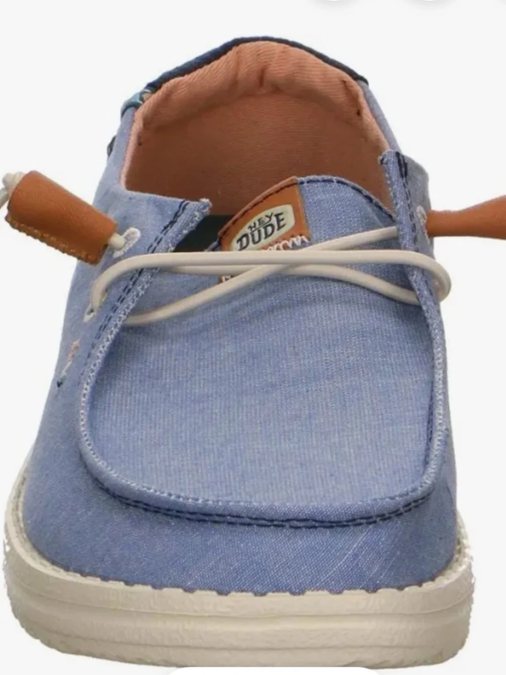 Hey Dude Wendy Chambray Boho Women's Light Blue Slip-On Loafers with Tan Accents